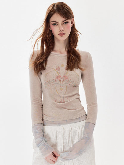 DKZ OFFICIAL Tencel Wool Blend Lace Print Long Sleeve Tee