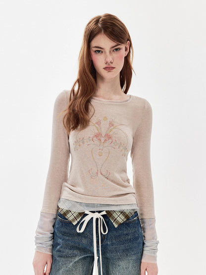 DKZ OFFICIAL Tencel Wool Blend Lace Print Long Sleeve Tee