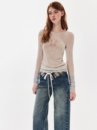 DKZ OFFICIAL Tencel Wool Blend Lace Print Long Sleeve Tee