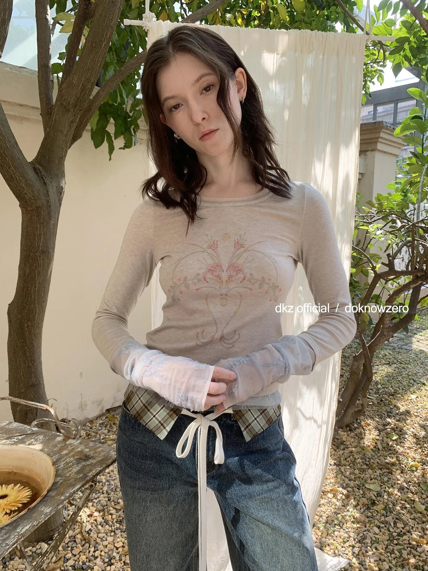 DKZ OFFICIAL Tencel Wool Blend Lace Print Long Sleeve Tee