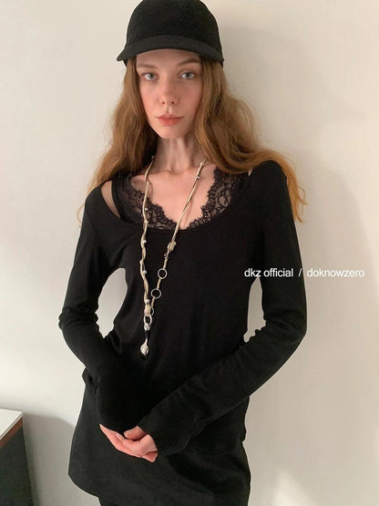 DKZ OFFICIAL Tencel Wool Blend Lace Trim Layering Tee Set
