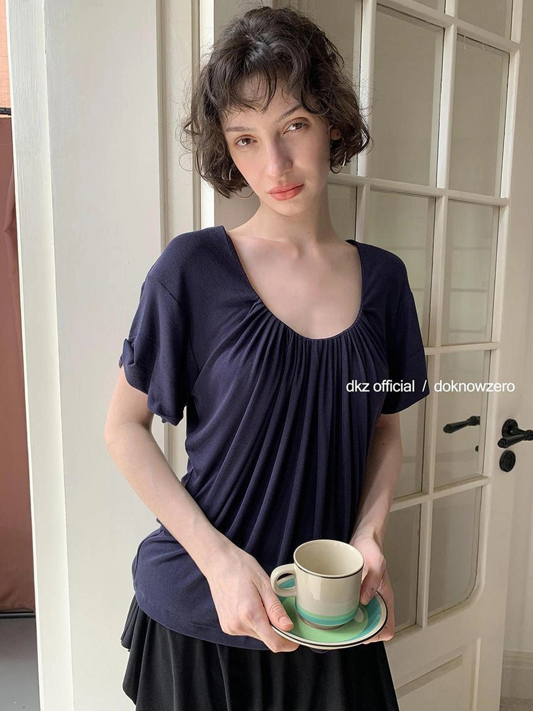 DKZ OFFICIAL Tencel Wool U Neck Pleated T-shirt