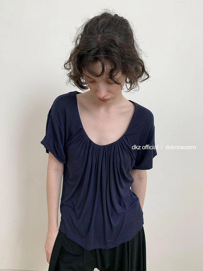 DKZ OFFICIAL Tencel Wool U Neck Pleated T-shirt