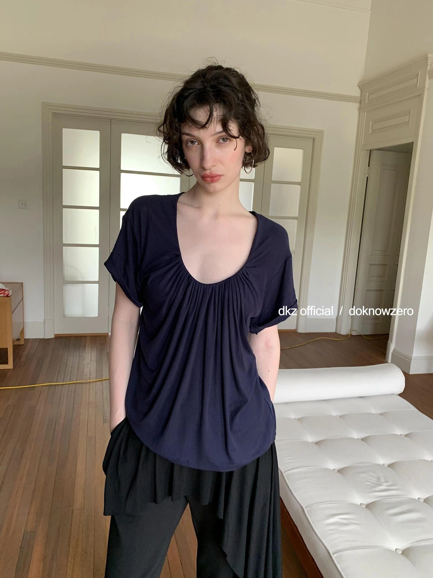 DKZ OFFICIAL Tencel Wool U Neck Pleated T-shirt