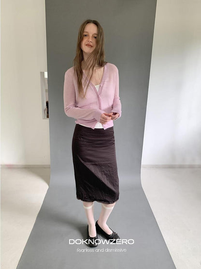 DKZ OFFICIAL Textured Pleated Straight Rolled Hem Women&