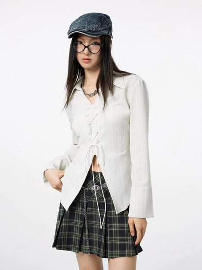 DKZ OFFICIAL Textured Stripe Tie Front Shirt