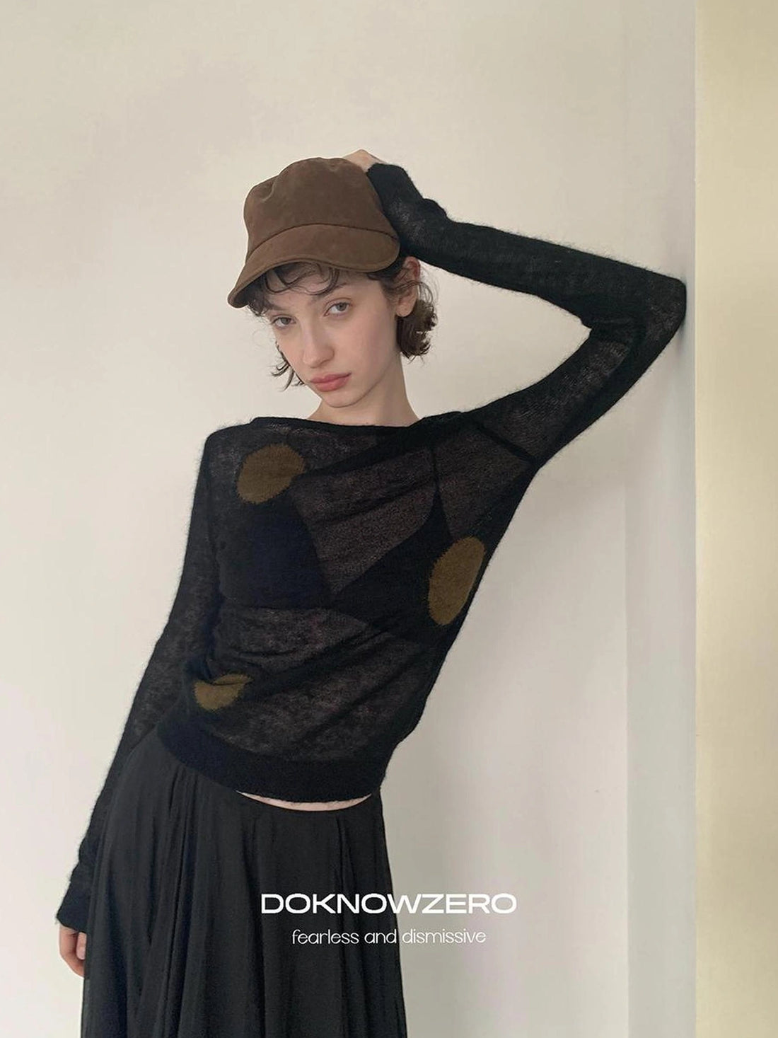 DKZ OFFICIAL Thin Mohair Knit Long Sleeve Top With Contrast Polka Dots