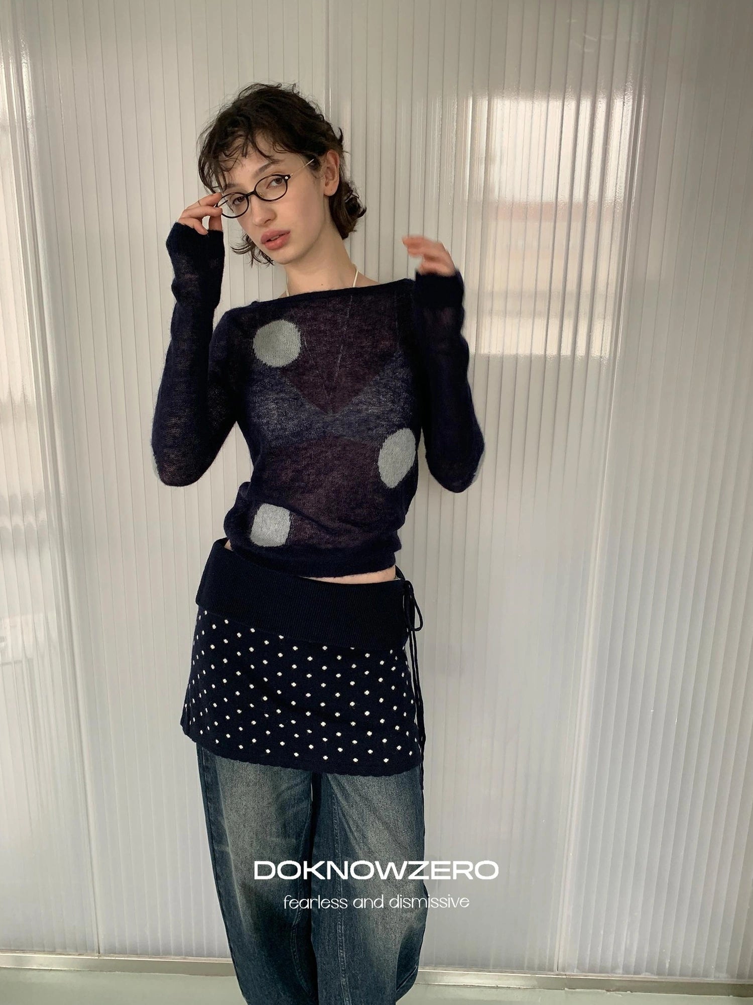 DKZ OFFICIAL Thin Mohair Knit Long Sleeve Top With Contrast Polka Dots