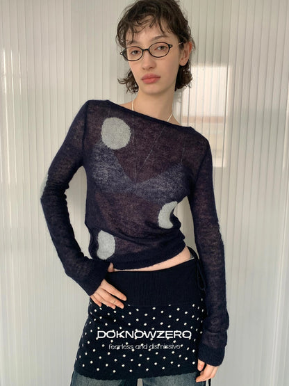 DKZ OFFICIAL Thin Mohair Knit Long Sleeve Top With Contrast Polka Dots