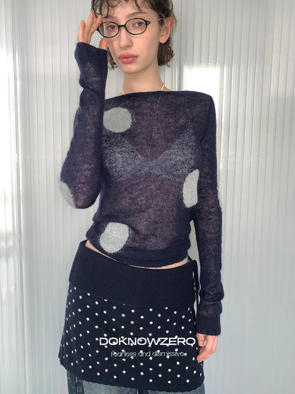 DKZ OFFICIAL Thin Mohair Knit Long Sleeve Top With Contrast Polka Dots