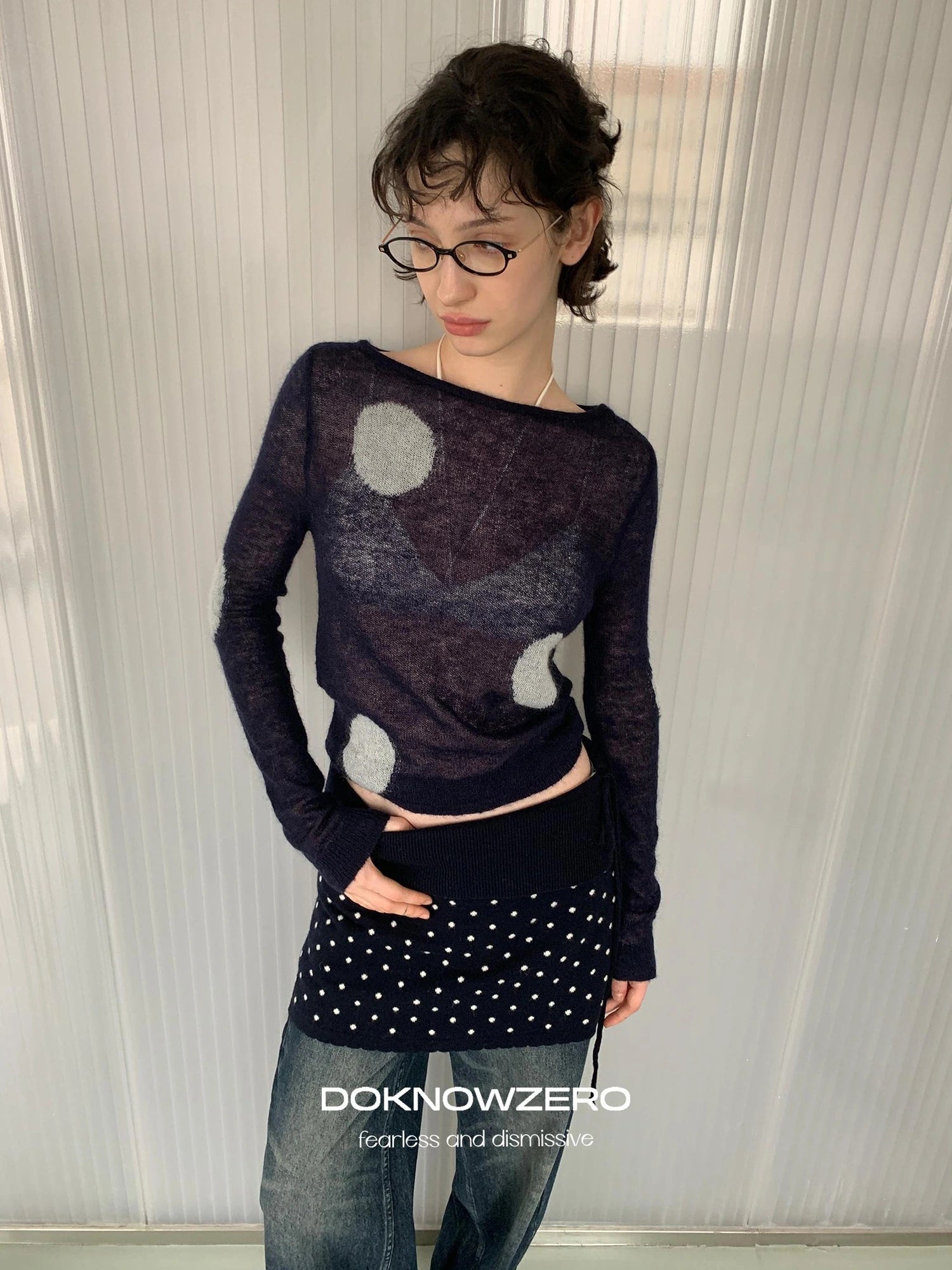 DKZ OFFICIAL Thin Mohair Knit Long Sleeve Top With Contrast Polka Dots