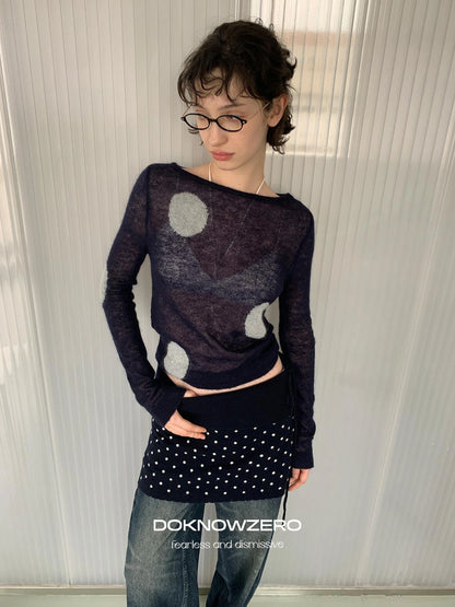 DKZ OFFICIAL Thin Mohair Knit Long Sleeve Top With Contrast Polka Dots