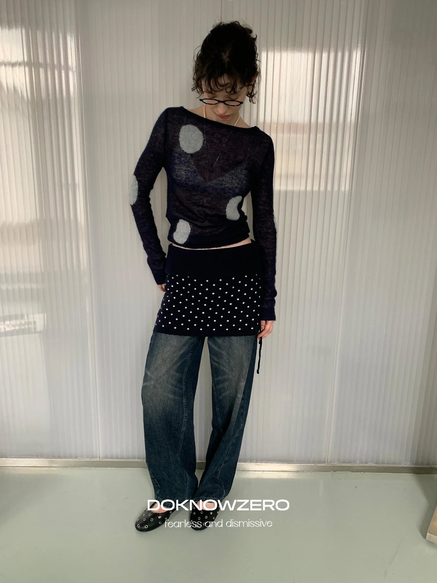 DKZ OFFICIAL Thin Mohair Knit Long Sleeve Top With Contrast Polka Dots