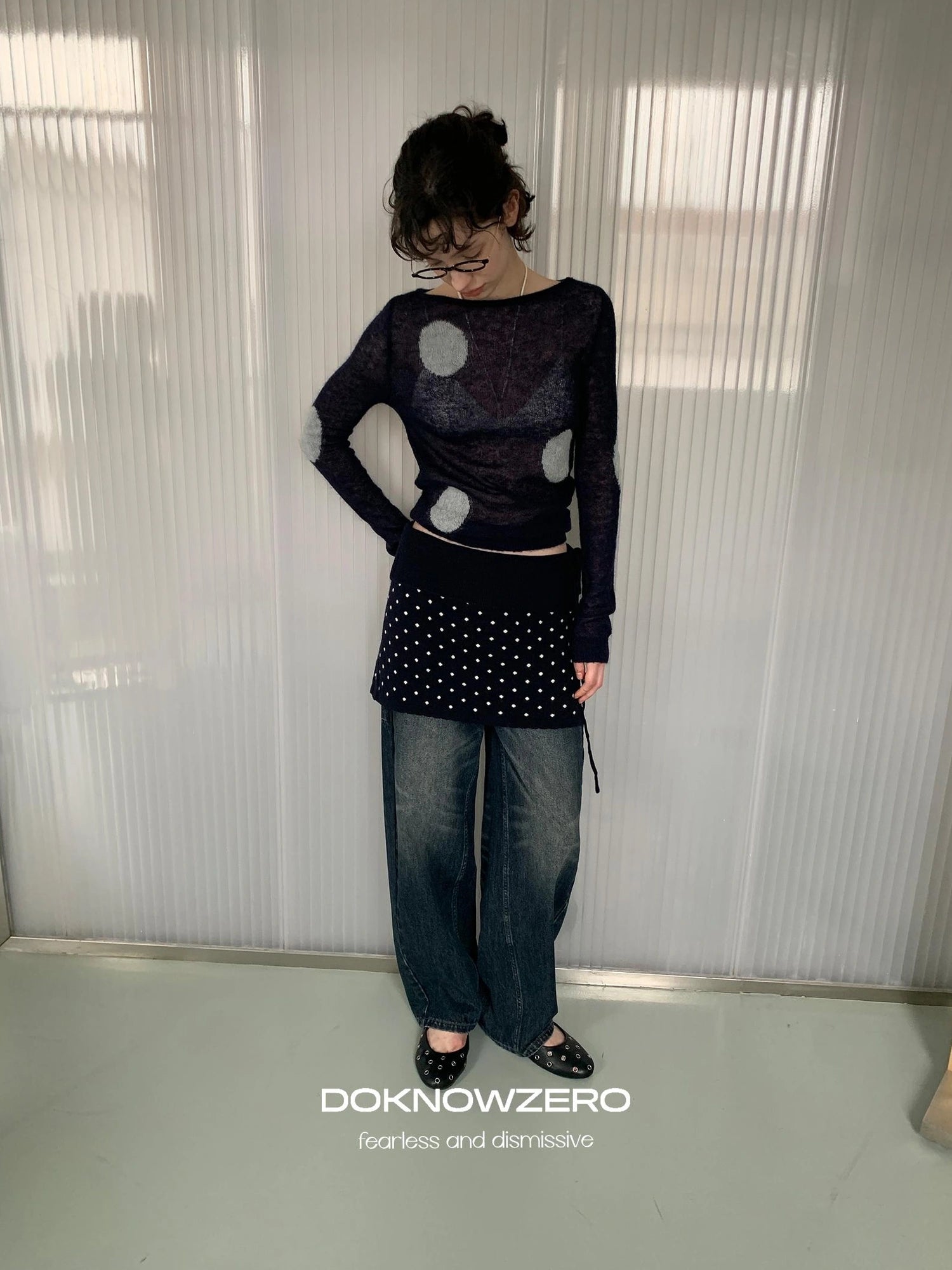 DKZ OFFICIAL Thin Mohair Knit Long Sleeve Top With Contrast Polka Dots