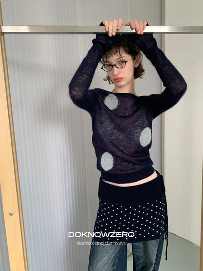 DKZ OFFICIAL Thin Mohair Knit Long Sleeve Top With Contrast Polka Dots