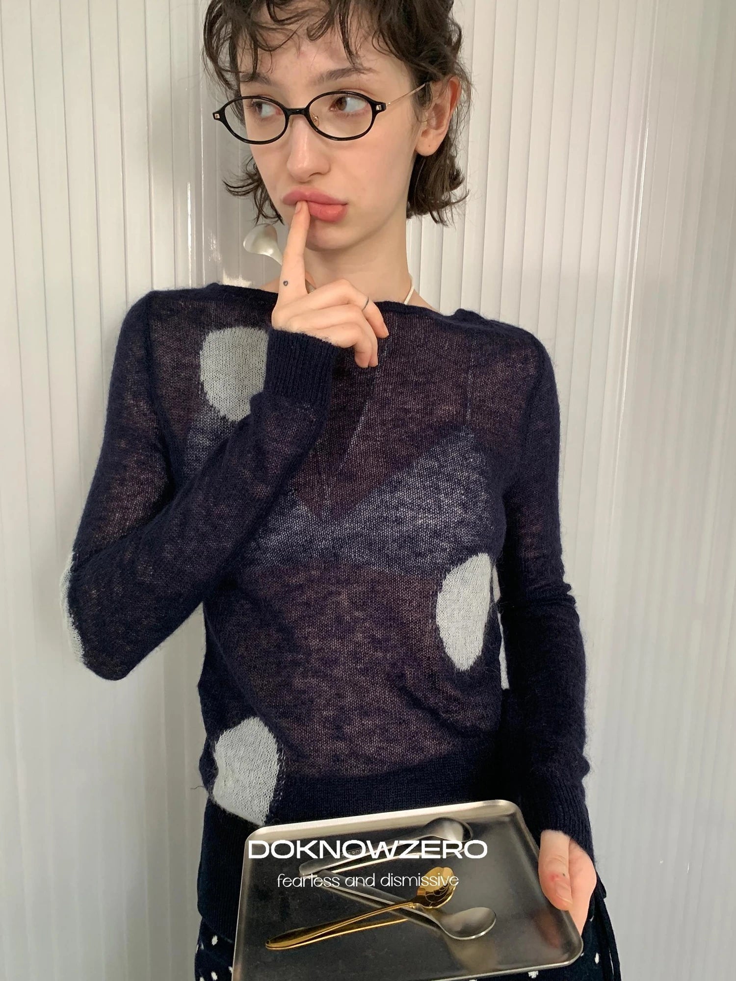 DKZ OFFICIAL Thin Mohair Knit Long Sleeve Top With Contrast Polka Dots