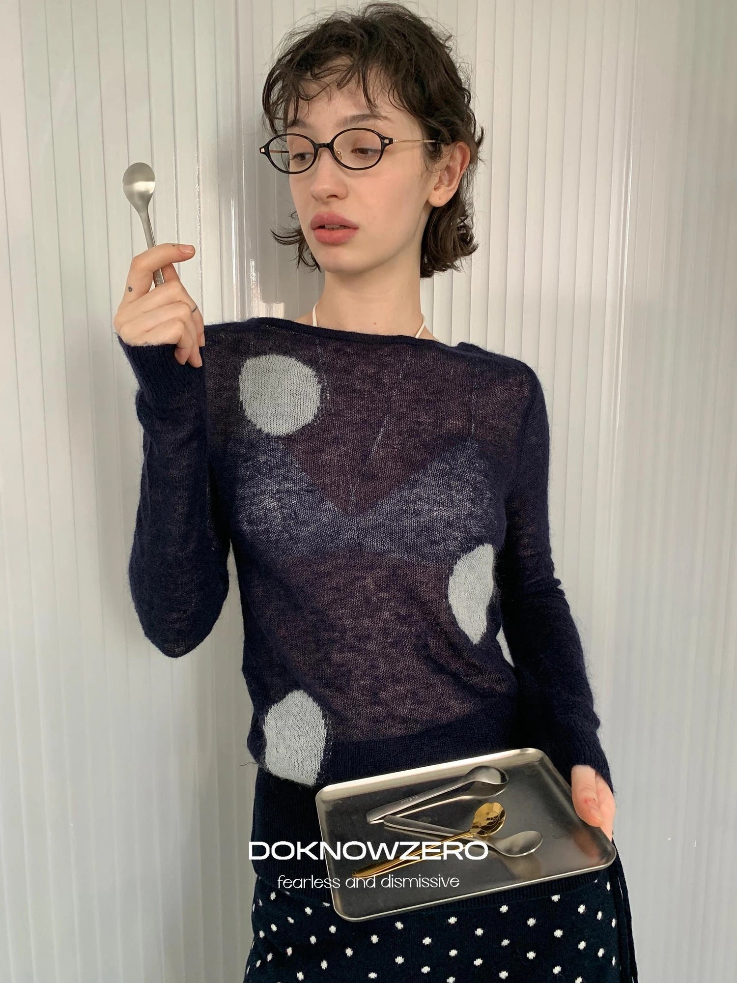 DKZ OFFICIAL Thin Mohair Knit Long Sleeve Top With Contrast Polka Dots