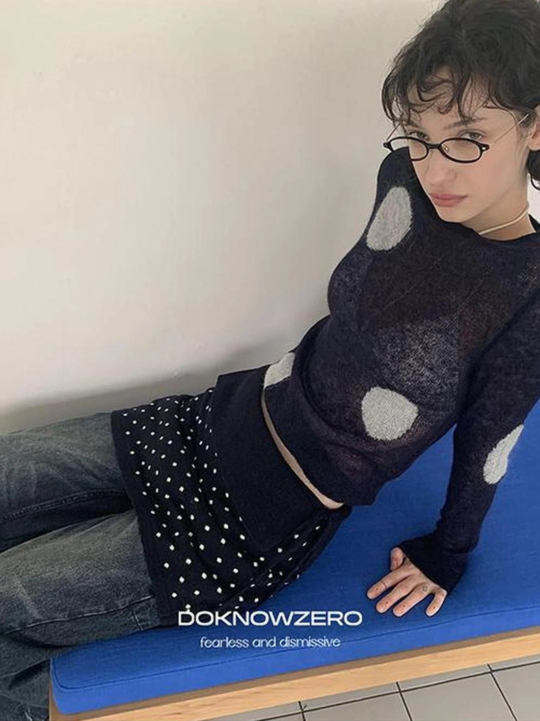 DKZ OFFICIAL Thin Mohair Knit Long Sleeve Top With Contrast Polka Dots