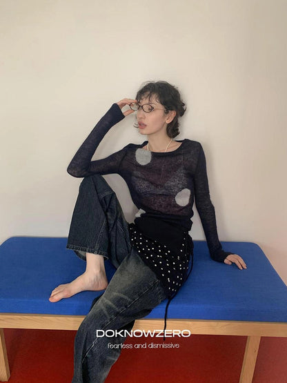 DKZ OFFICIAL Thin Mohair Knit Long Sleeve Top With Contrast Polka Dots