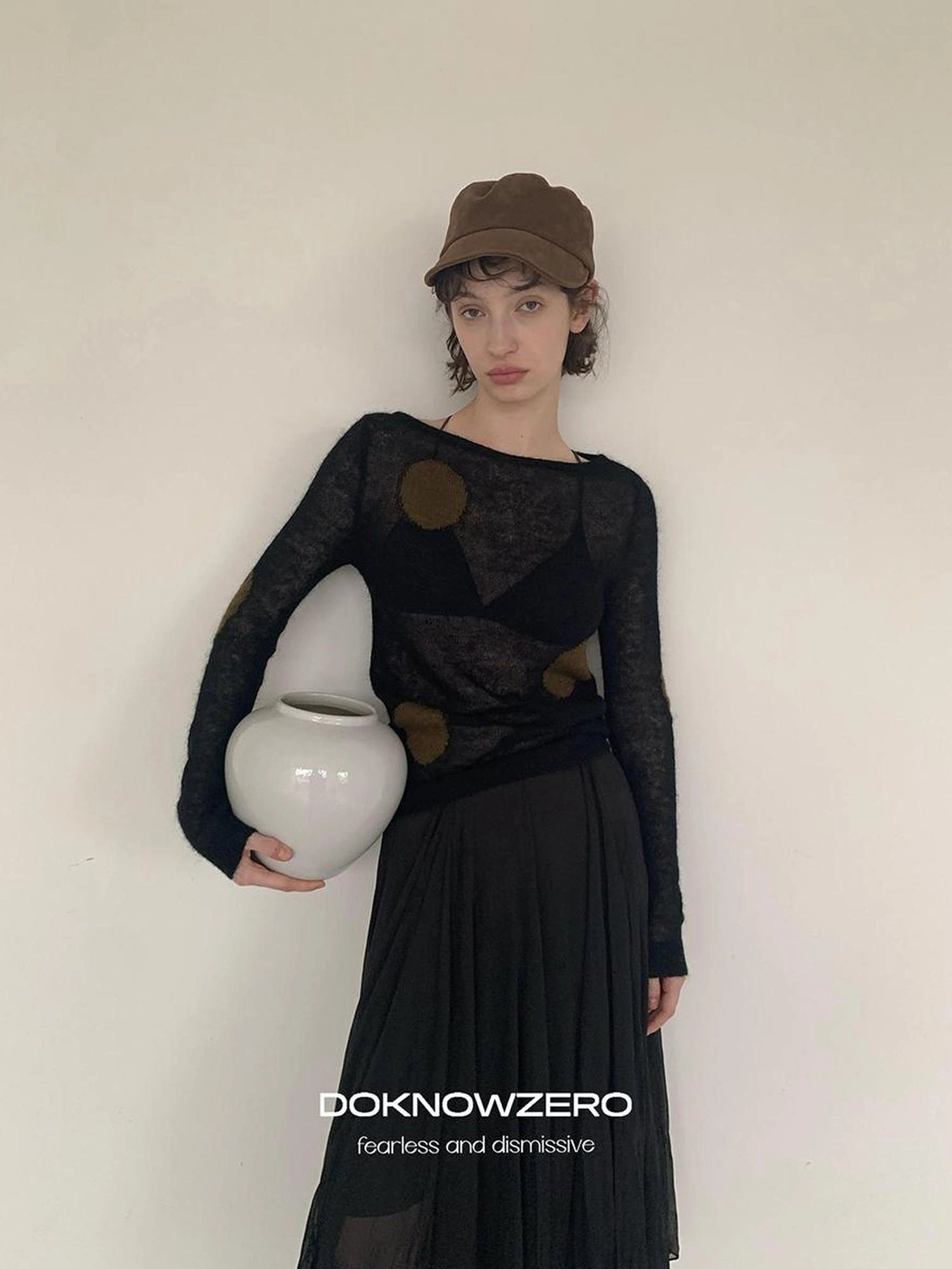DKZ OFFICIAL Thin Mohair Knit Long Sleeve Top With Contrast Polka Dots