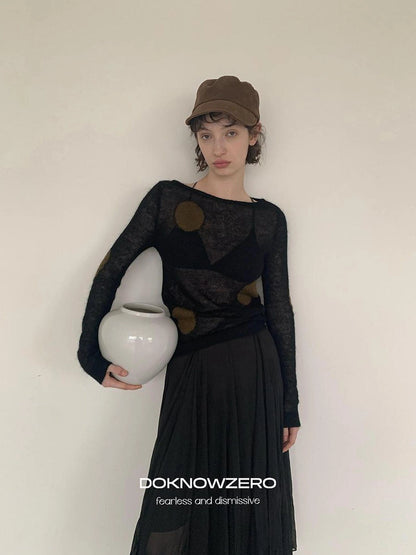DKZ OFFICIAL Thin Mohair Knit Long Sleeve Top With Contrast Polka Dots