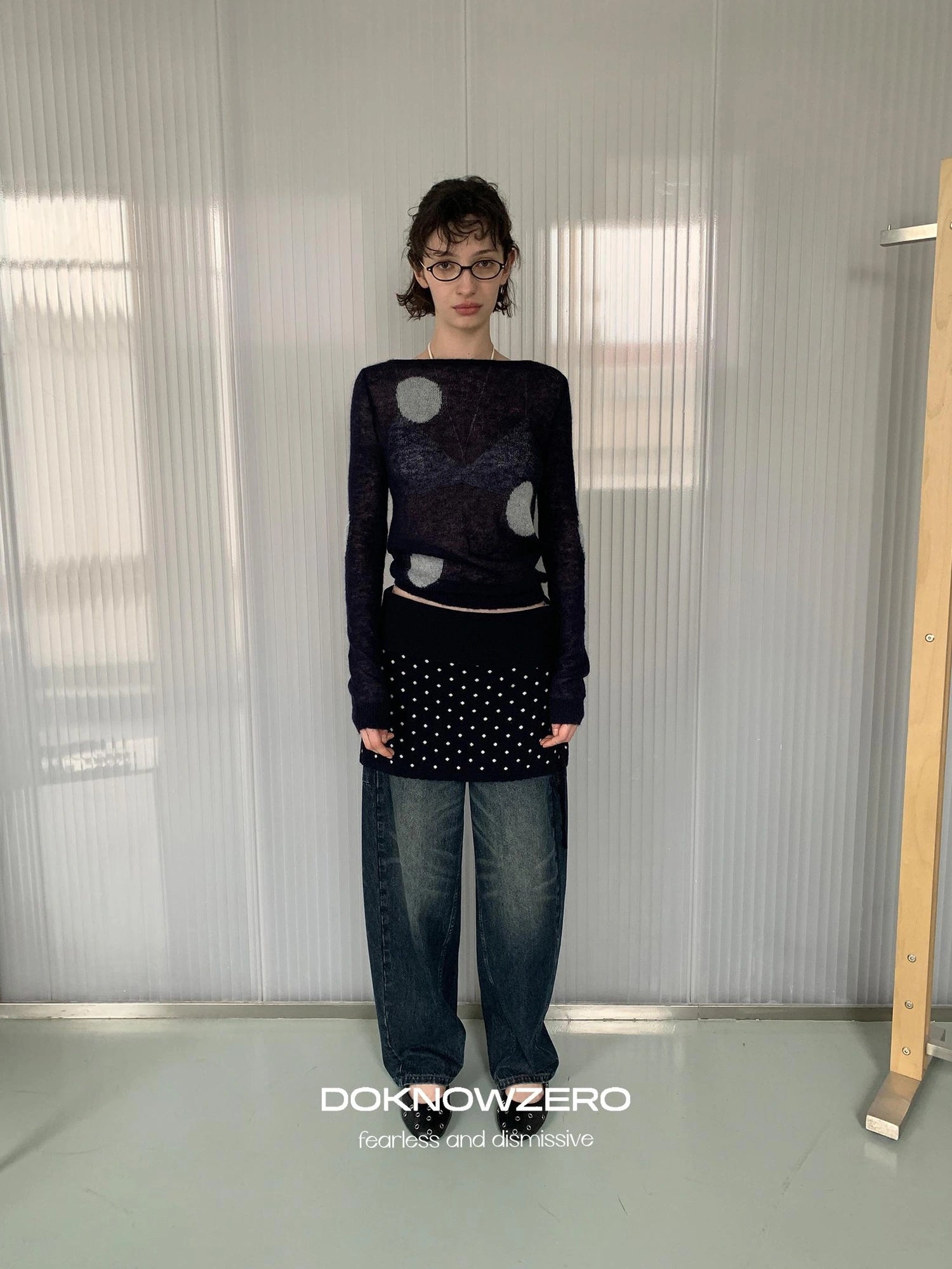 DKZ OFFICIAL Thin Mohair Knit Long Sleeve Top With Contrast Polka Dots
