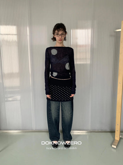 DKZ OFFICIAL Thin Mohair Knit Long Sleeve Top With Contrast Polka Dots