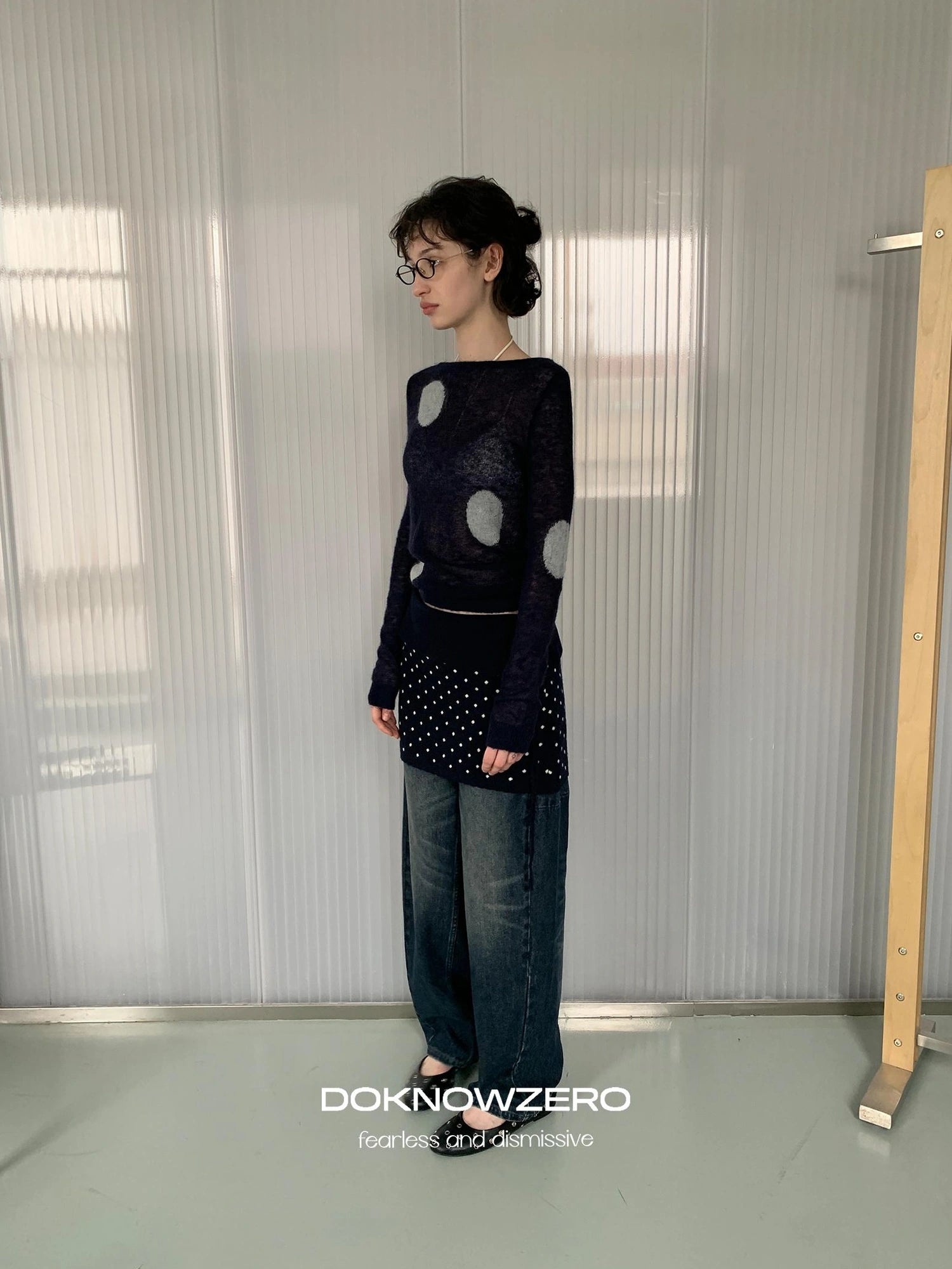 DKZ OFFICIAL Thin Mohair Knit Long Sleeve Top With Contrast Polka Dots