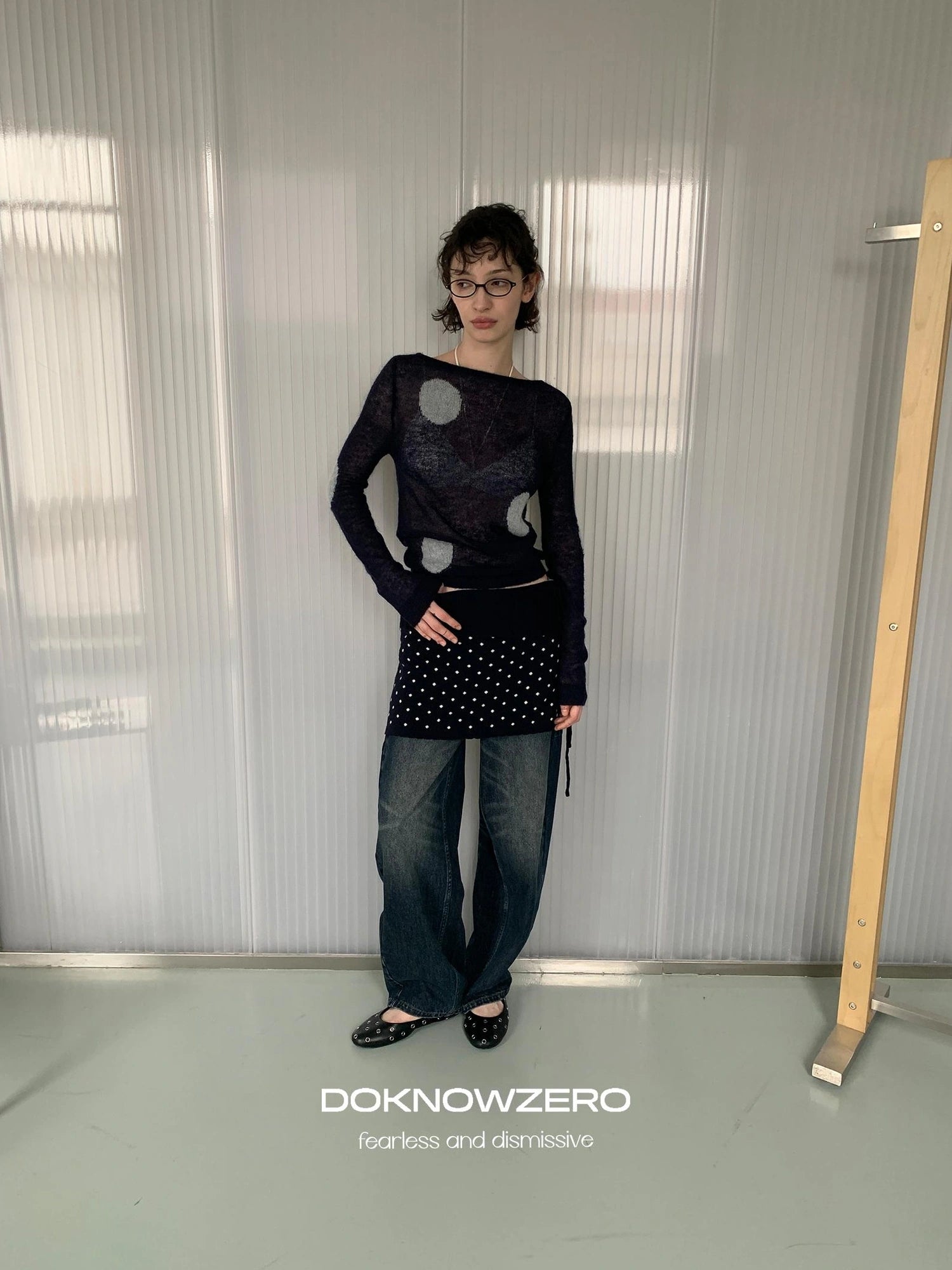 DKZ OFFICIAL Thin Mohair Knit Long Sleeve Top With Contrast Polka Dots