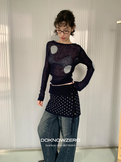 DKZ OFFICIAL Thin Mohair Knit Long Sleeve Top With Contrast Polka Dots