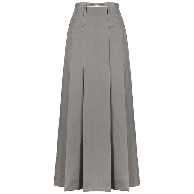 DKZ_OFFICIAL_Tie_Pleated_High_Waist_A_Line_Khaki_Pockets_Women&
