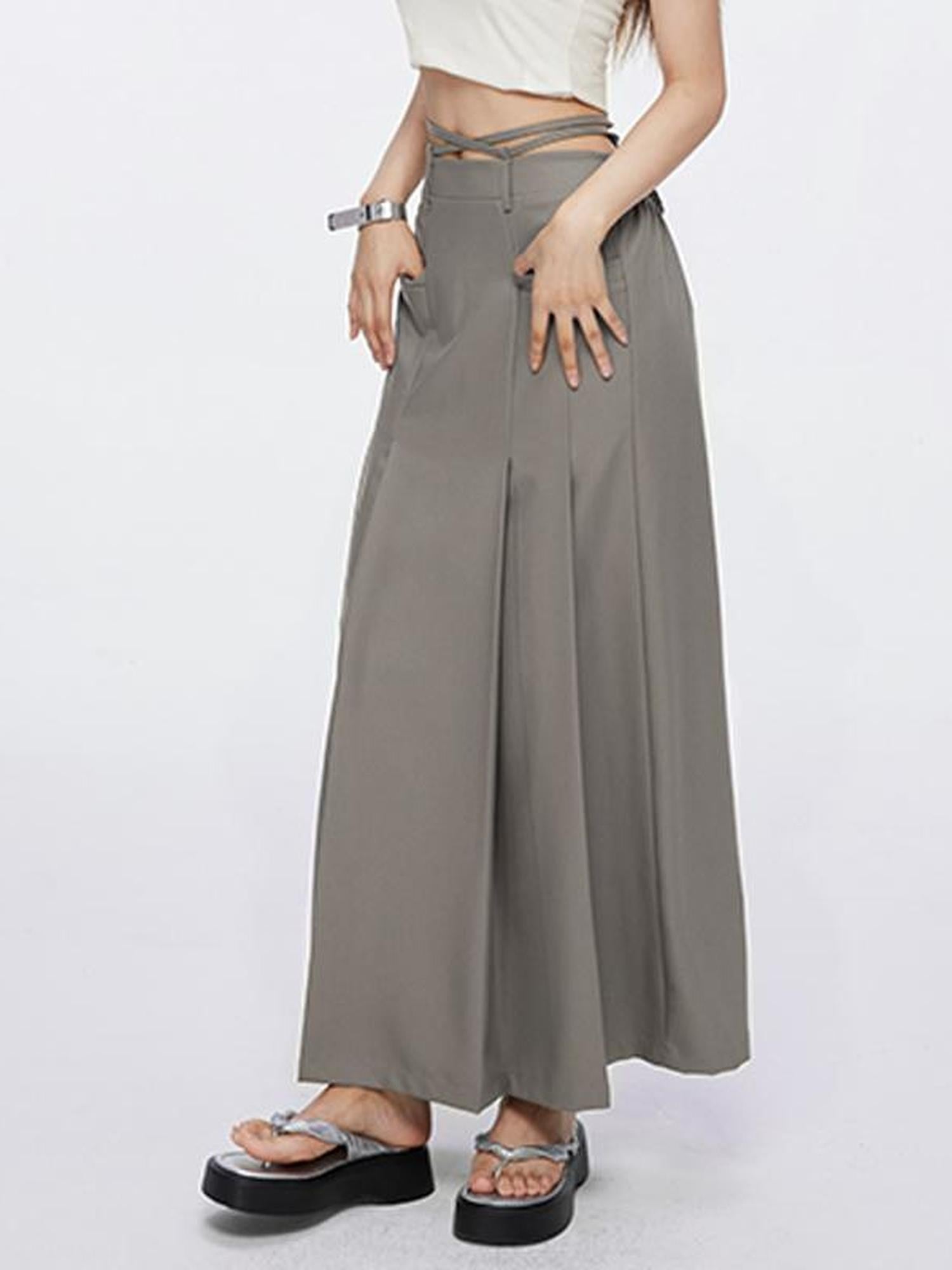 DKZ OFFICIAL Tie Pleated High Waist A Line Khaki Pockets Women&