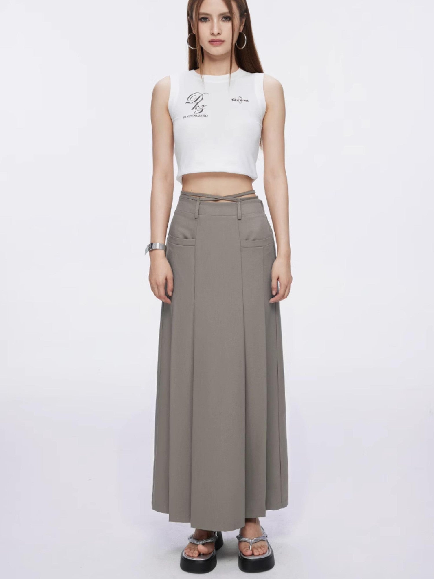 DKZ OFFICIAL Tie Pleated High Waist A Line Khaki Pockets Women&