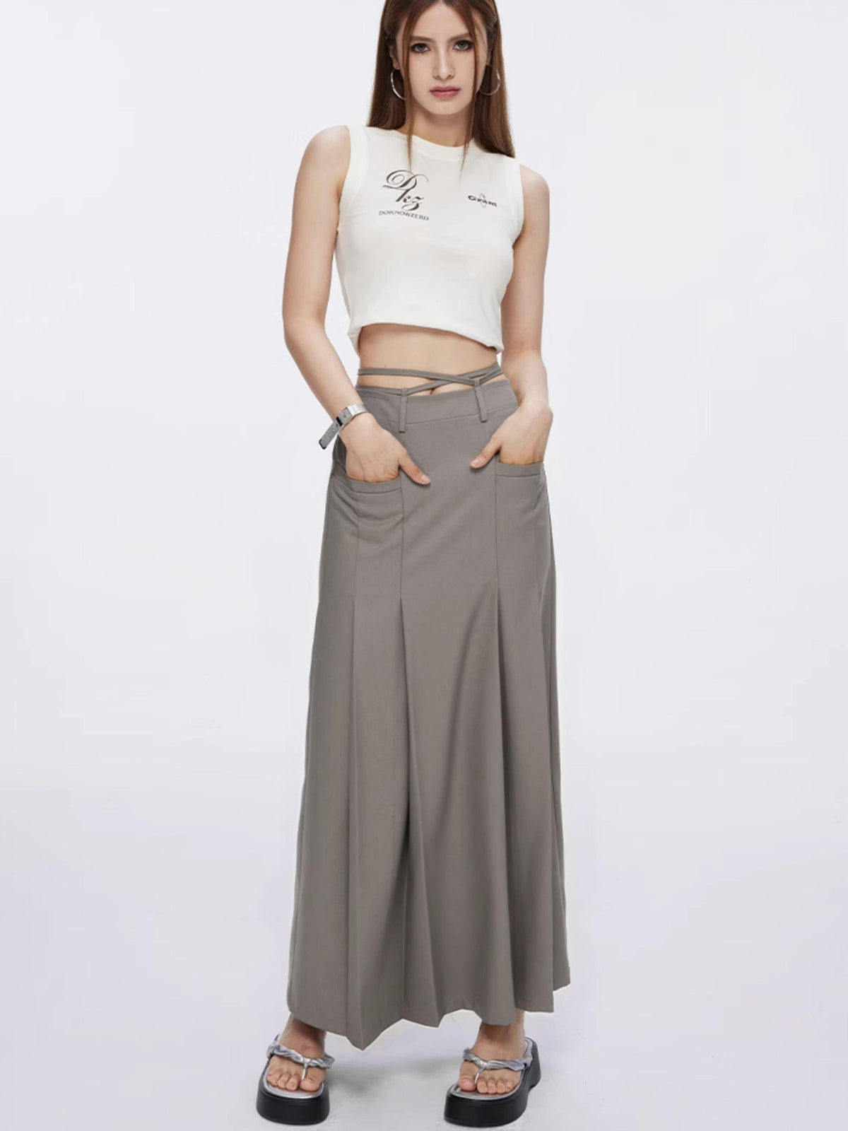 DKZ OFFICIAL Tie Pleated High Waist A Line Khaki Pockets Women&