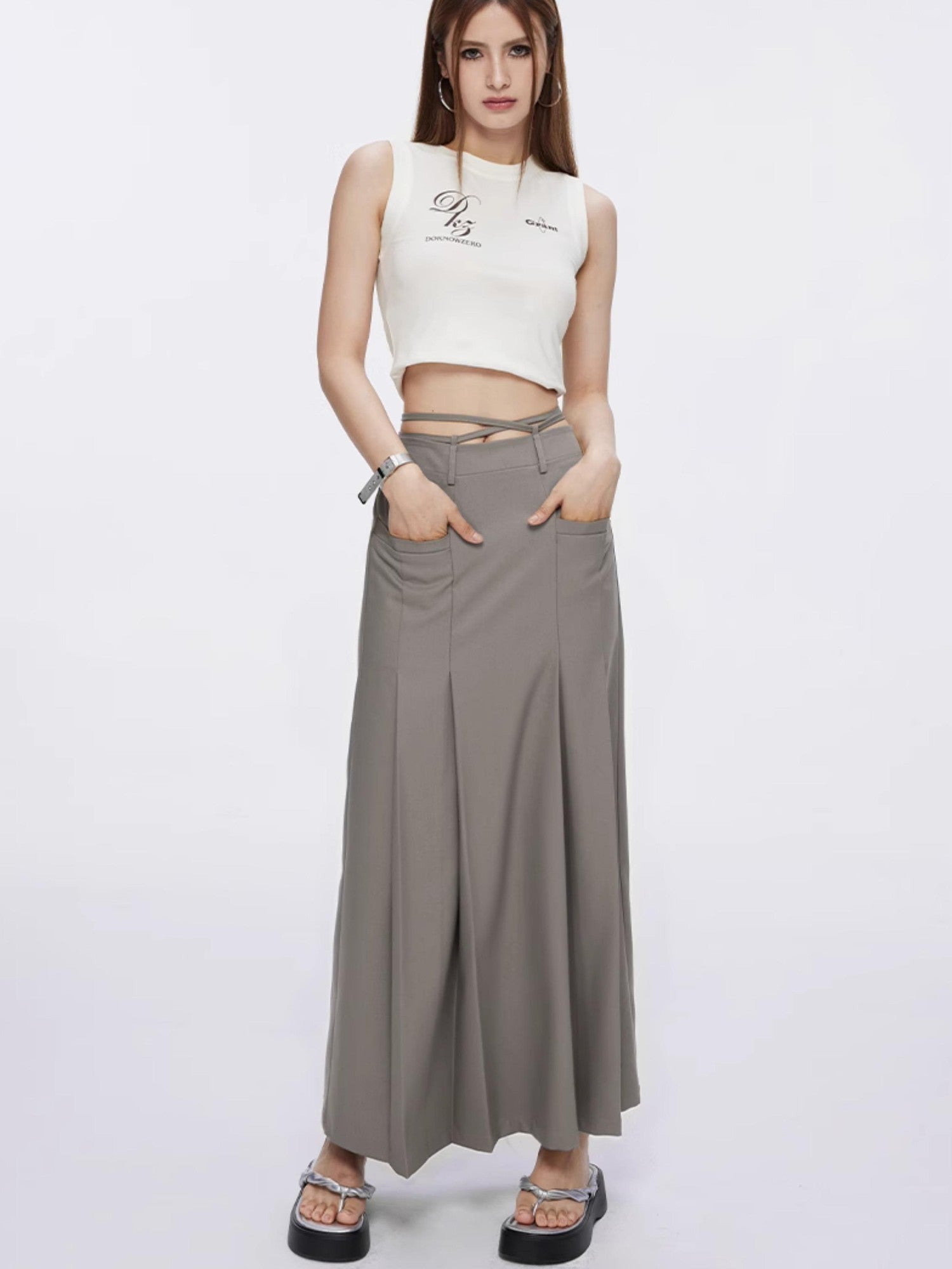 DKZ OFFICIAL Tie Pleated High Waist A Line Khaki Pockets Women&