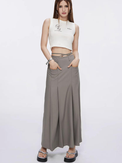 DKZ OFFICIAL Tie Pleated High Waist A Line Khaki Pockets Women&