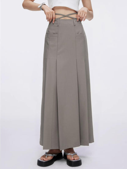 DKZ OFFICIAL Tie Pleated High Waist A Line Khaki Pockets Women&