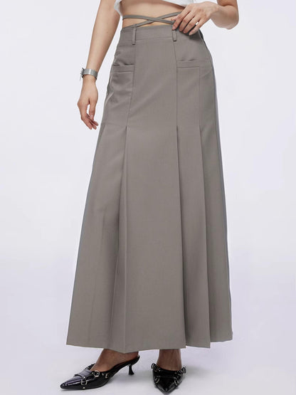 DKZ OFFICIAL Tie Pleated High Waist A Line Khaki Pockets Women&
