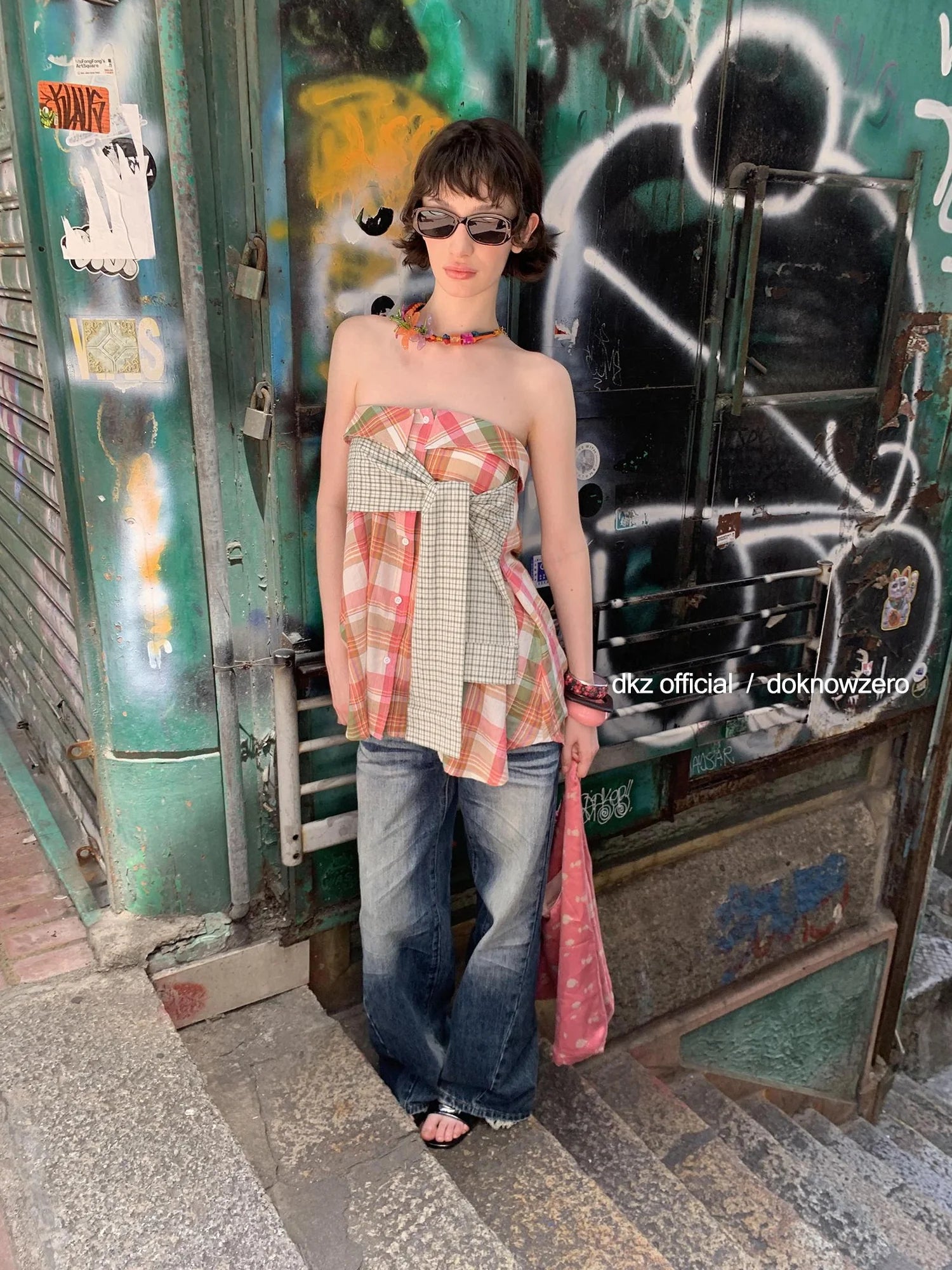 DKZ OFFICIAL Two Way Pink Plaid Skirt With Retro Corset Top