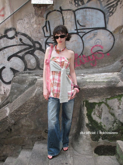 DKZ OFFICIAL Two Way Pink Plaid Skirt With Retro Corset Top