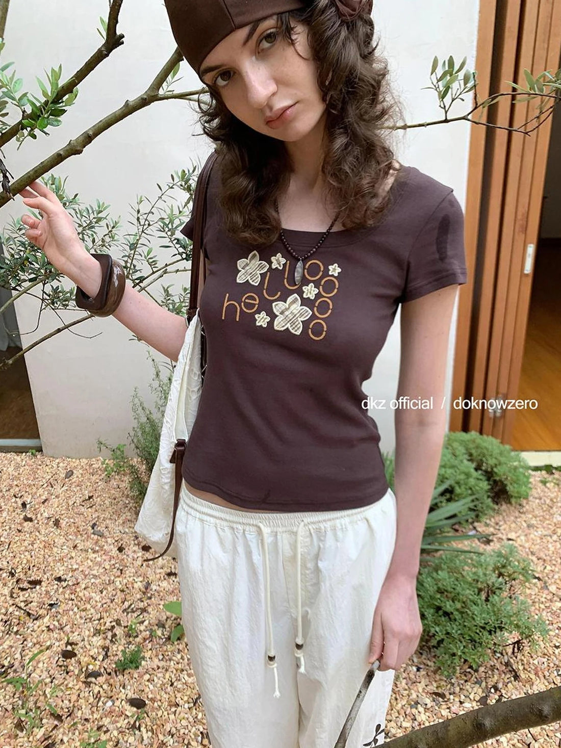 DKZ OFFICIAL U Neck Floral Embroidered Brown T-shirt