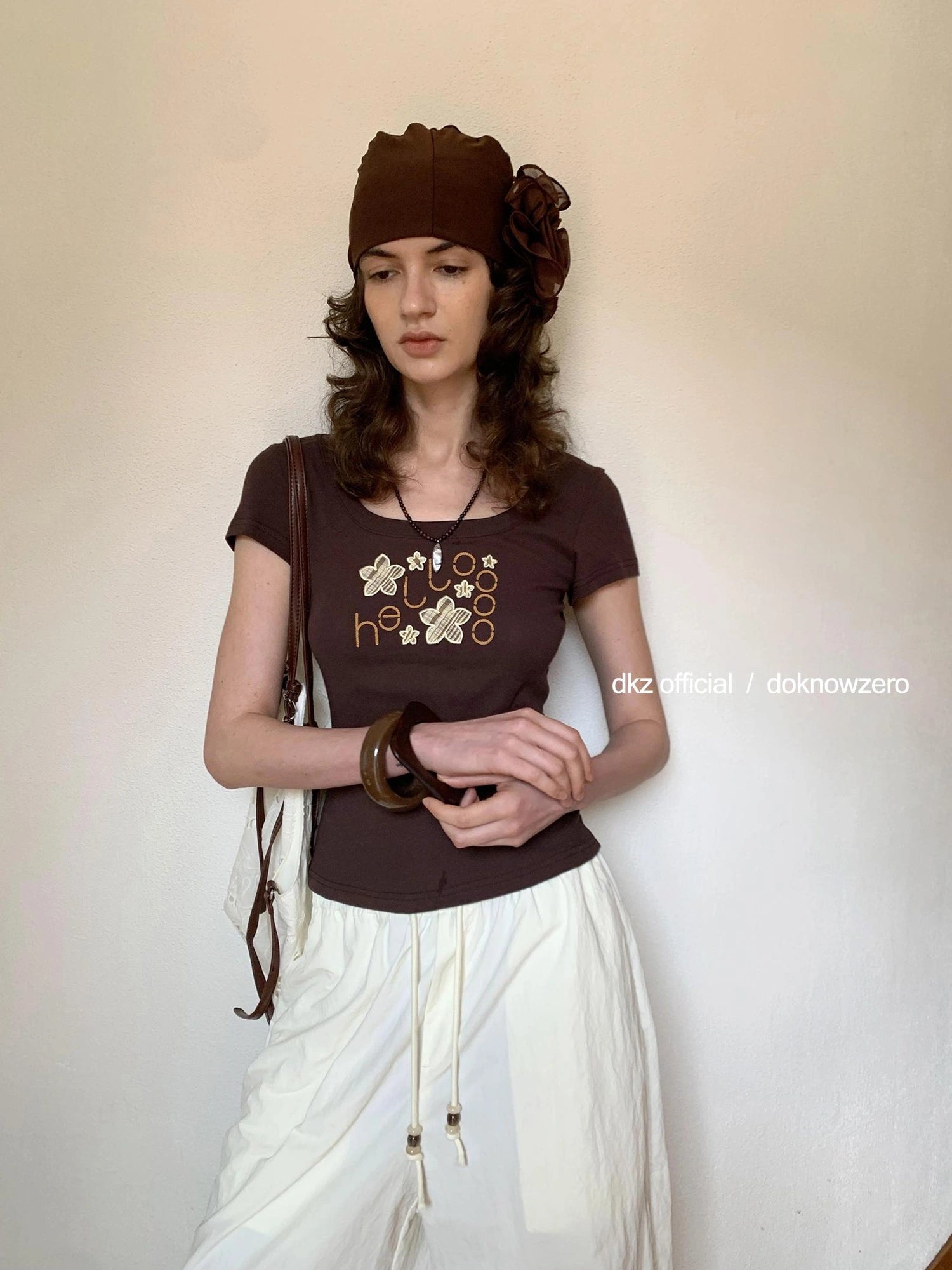 DKZ OFFICIAL U Neck Floral Embroidered Brown T-shirt