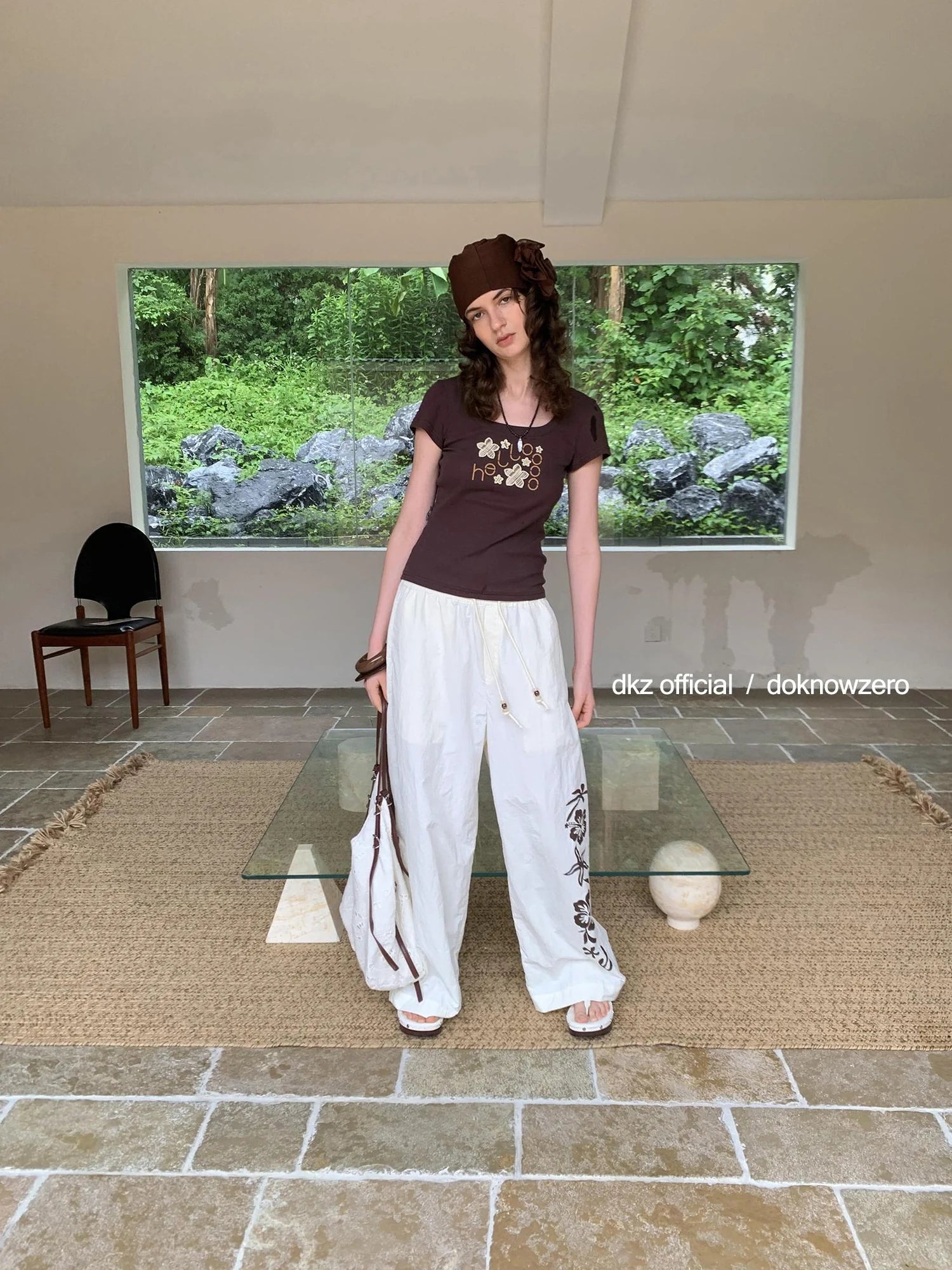 DKZ OFFICIAL U Neck Floral Embroidered Brown T-shirt