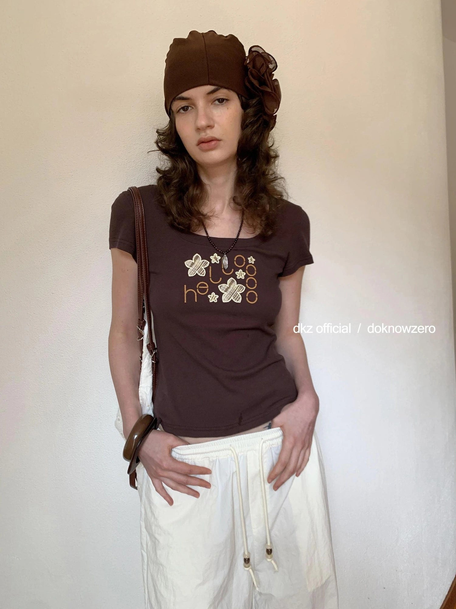 DKZ OFFICIAL U Neck Floral Embroidered Brown T-shirt