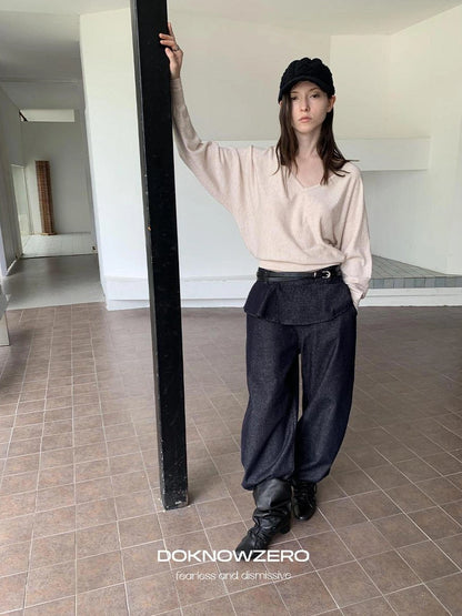 DKZ OFFICIAL V-Neck Batwing Sleeve Knitted Long Sleeve Top