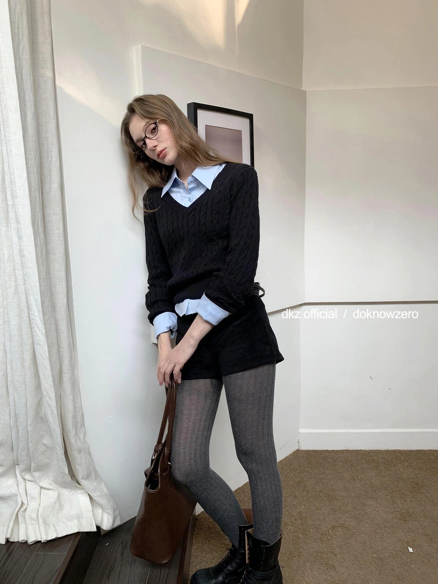 DKZ OFFICIAL V-Neck Cable Knit Sweater Women Autumn Winter Retro