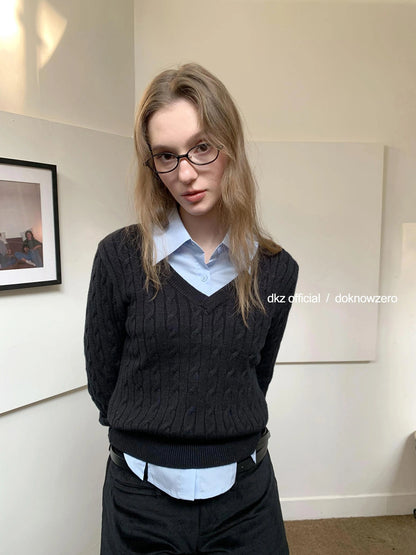 DKZ OFFICIAL V-Neck Cable Knit Sweater Women Autumn Winter Retro
