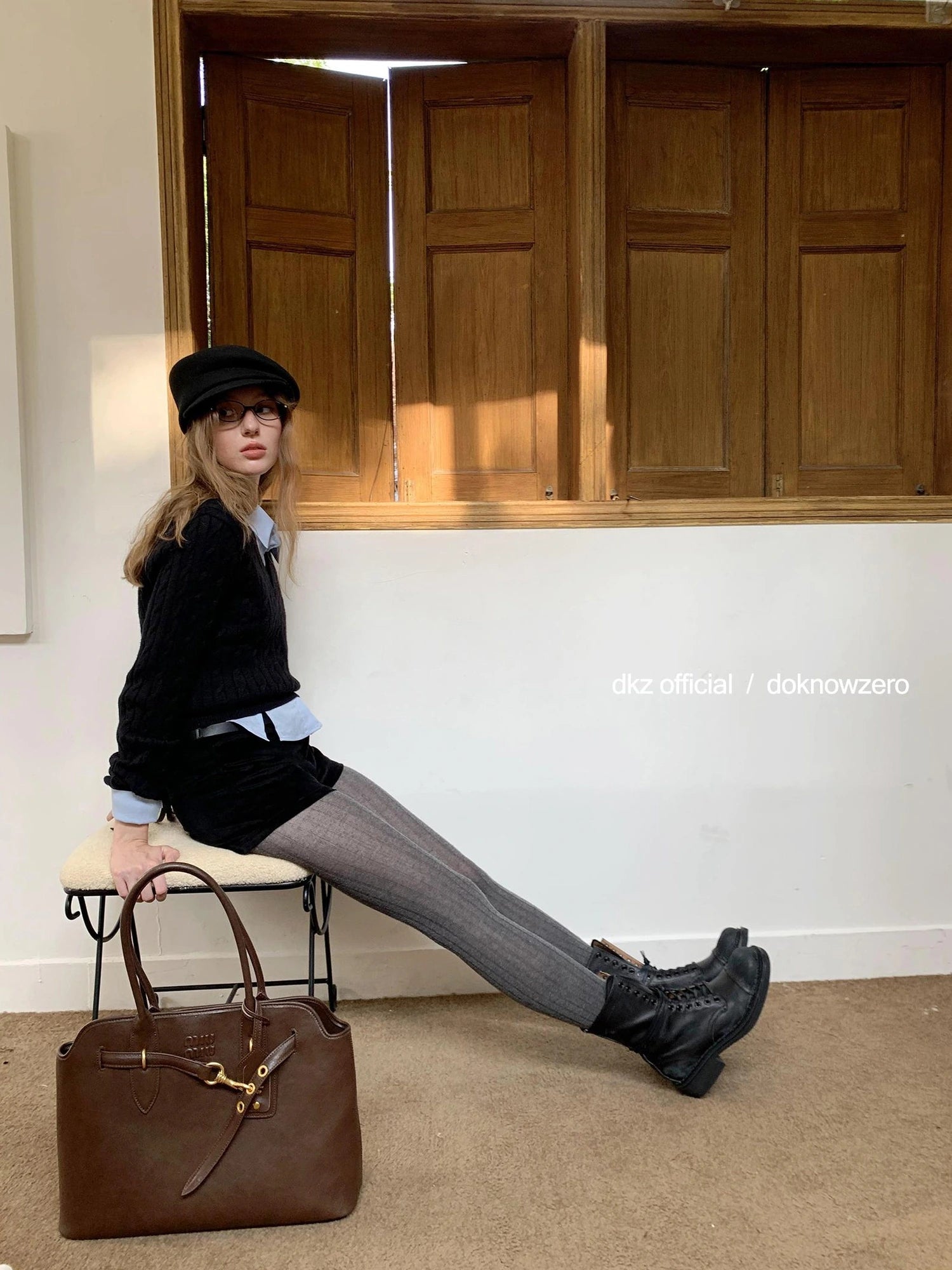 DKZ OFFICIAL V-Neck Cable Knit Sweater Women Autumn Winter Retro