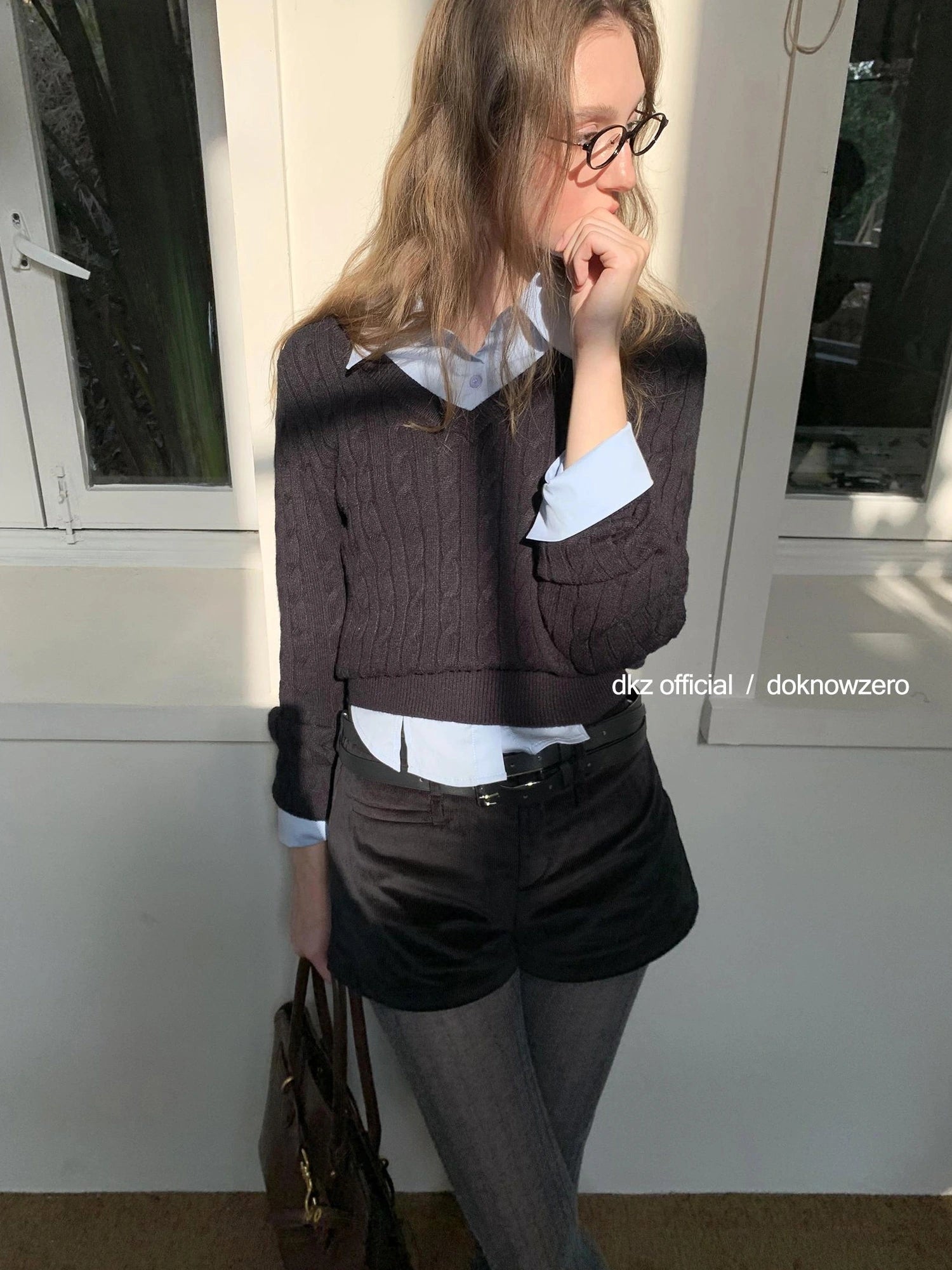 DKZ OFFICIAL V-Neck Cable Knit Sweater Women Autumn Winter Retro