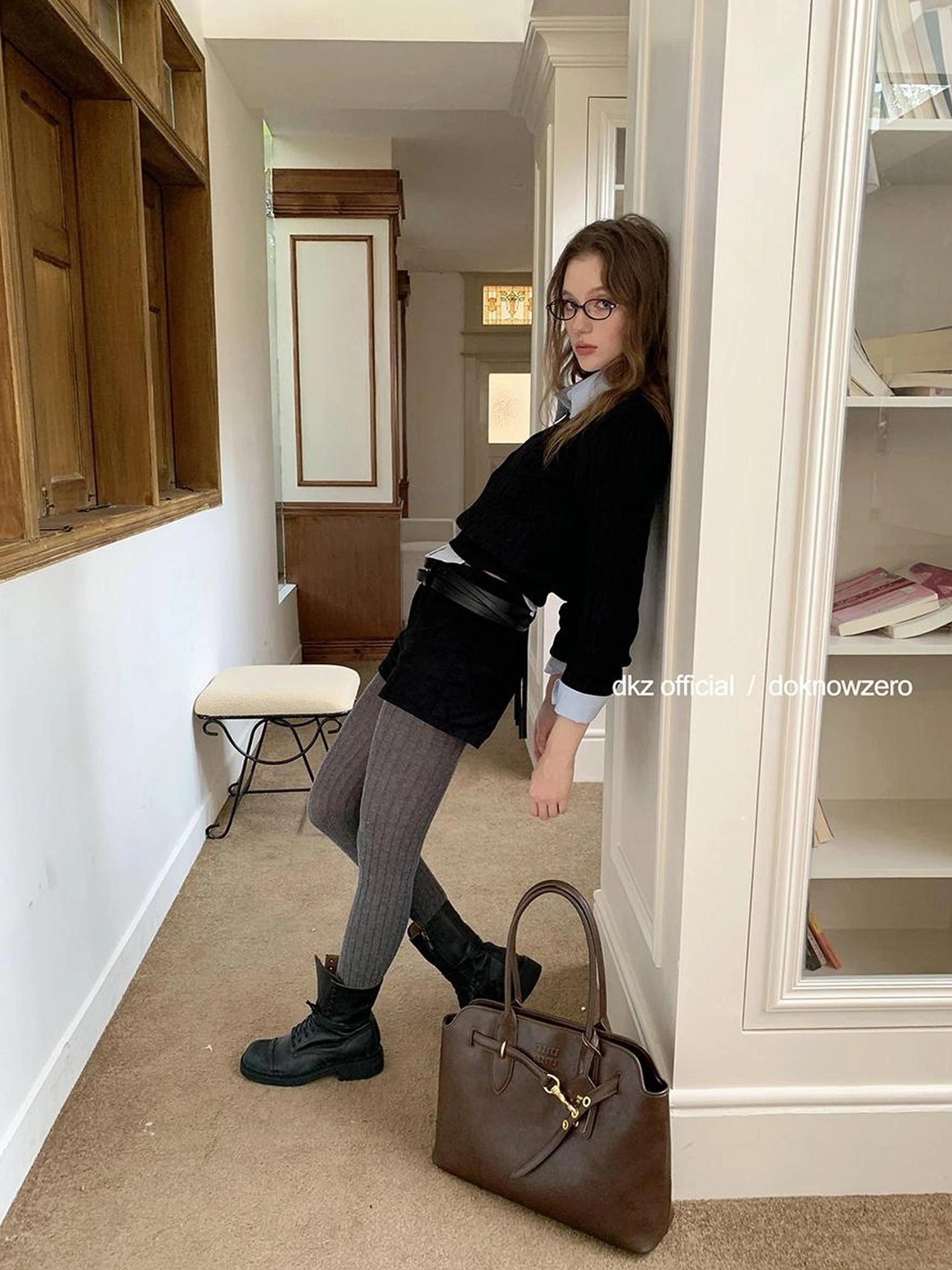 DKZ OFFICIAL V-Neck Cable Knit Sweater Women Autumn Winter Retro
